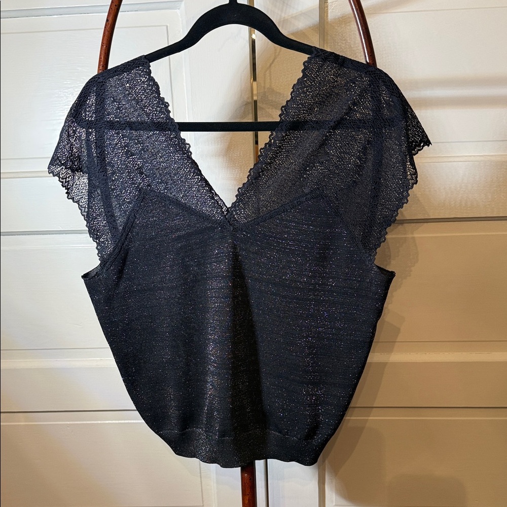 Nyland Black Shimmer Lace Trim Top Size Large V-Neck lightweight blouse